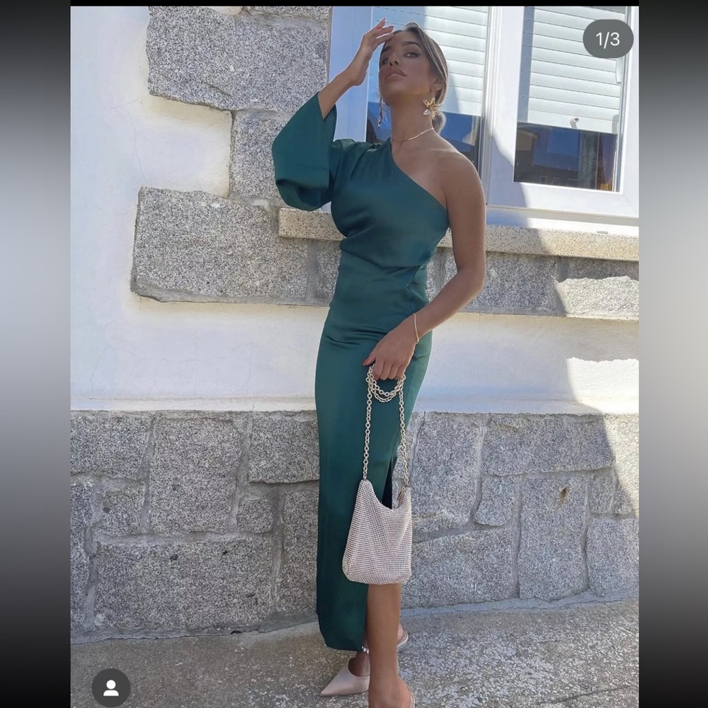 Zara Elegant Green One-Shoulder Dress - Picture 8 of 9